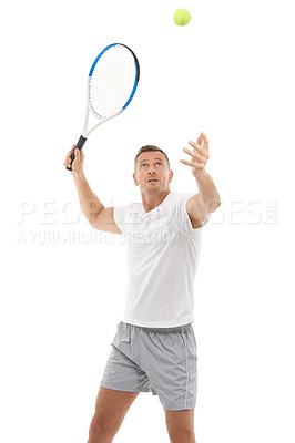 Buy stock photo Tennis player, athlete and hitting a ball training, fitness and workout isolated against a studio white background. Man, sports and exercise as a hobby for health and person serve for a match 