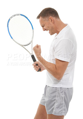 Buy stock photo Tennis sports, winner and celebration of man in studio isolated on white background. Winning competition, achievement and mature male athlete with racket celebrating goals, targets or success victory