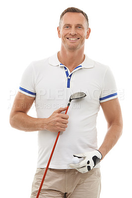 Buy stock photo Golf sports, portrait and man in studio isolated on white background ready to start game. Training, golfer and mature male athlete carrying ball and club driver for workout, exercise or fitness match