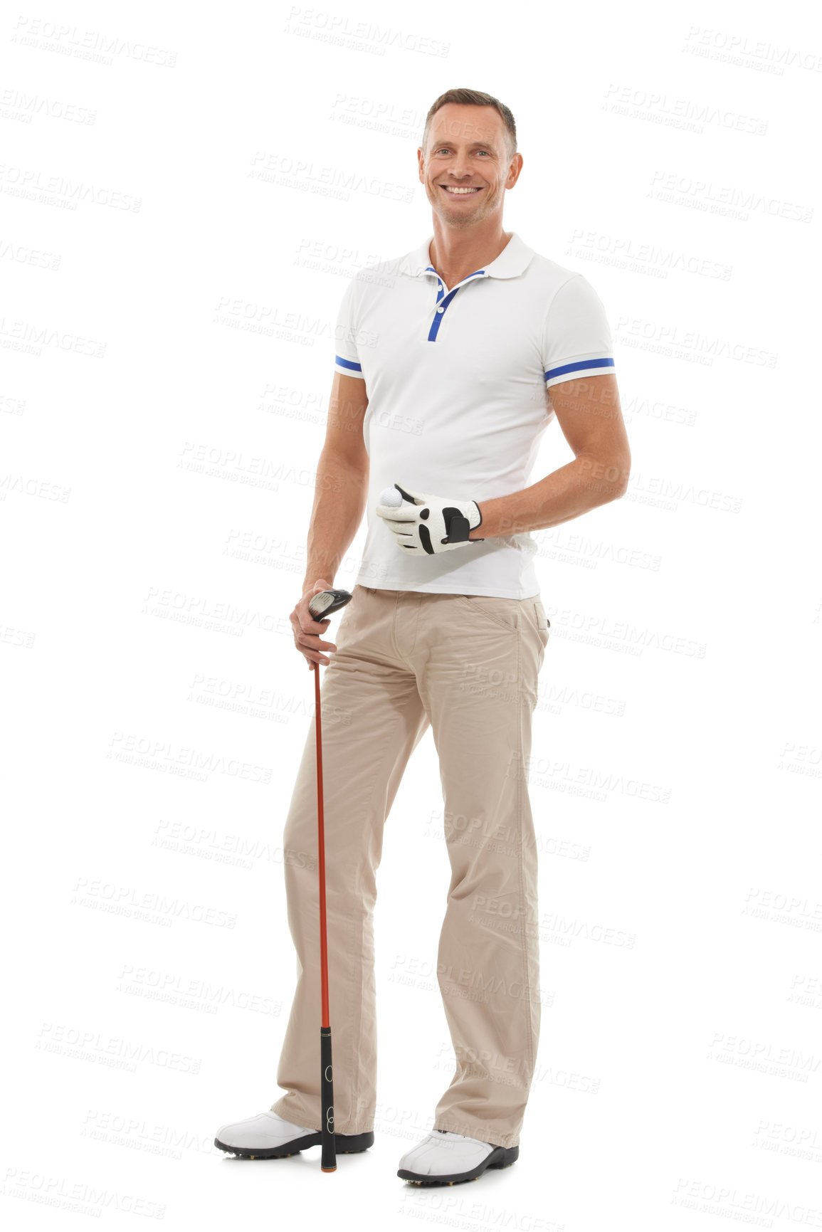 Buy stock photo Man standing with smile, portrait with golf athlete, club and sports with happy person isolated on white background. Fitness, player and game in studio with happiness, excited for sport with exercise