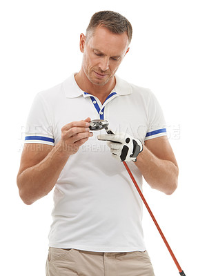 Buy stock photo Sports, golf man and inspection of club in studio isolated on a white background ready to start game. Training, golfer and mature male checking driver for golfing workout, exercise and fitness match
