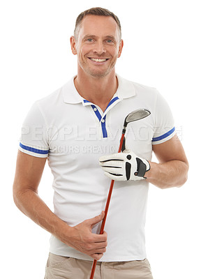 Buy stock photo Man in portrait, smile with golf club and sports, active lifestyle and happiness isolated on white background. Happy, face and sport with golfer, fitness in studio with male athlete and vitality