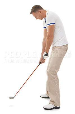 Buy stock photo Sports, golf man and swing of club in studio isolated on a white background ready to start game. Training, golfer and mature male swinging driver for golfing workout, exercise and fitness match.