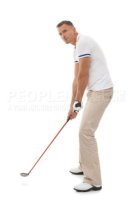 Buy stock photo Golf man, sports and swing of club in studio isolated on a white background ready to start game. Training, thinking and mature male swinging driver for golfing workout, exercise and fitness match.