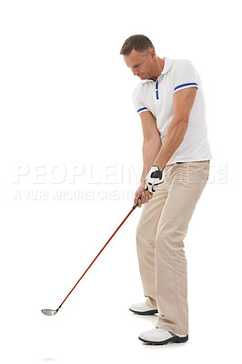 Buy stock photo Golf man, sports and swing of driver in studio isolated on a white background ready to start game. Training, golfer and mature male swinging club for golfing workout, exercise and fitness practice.