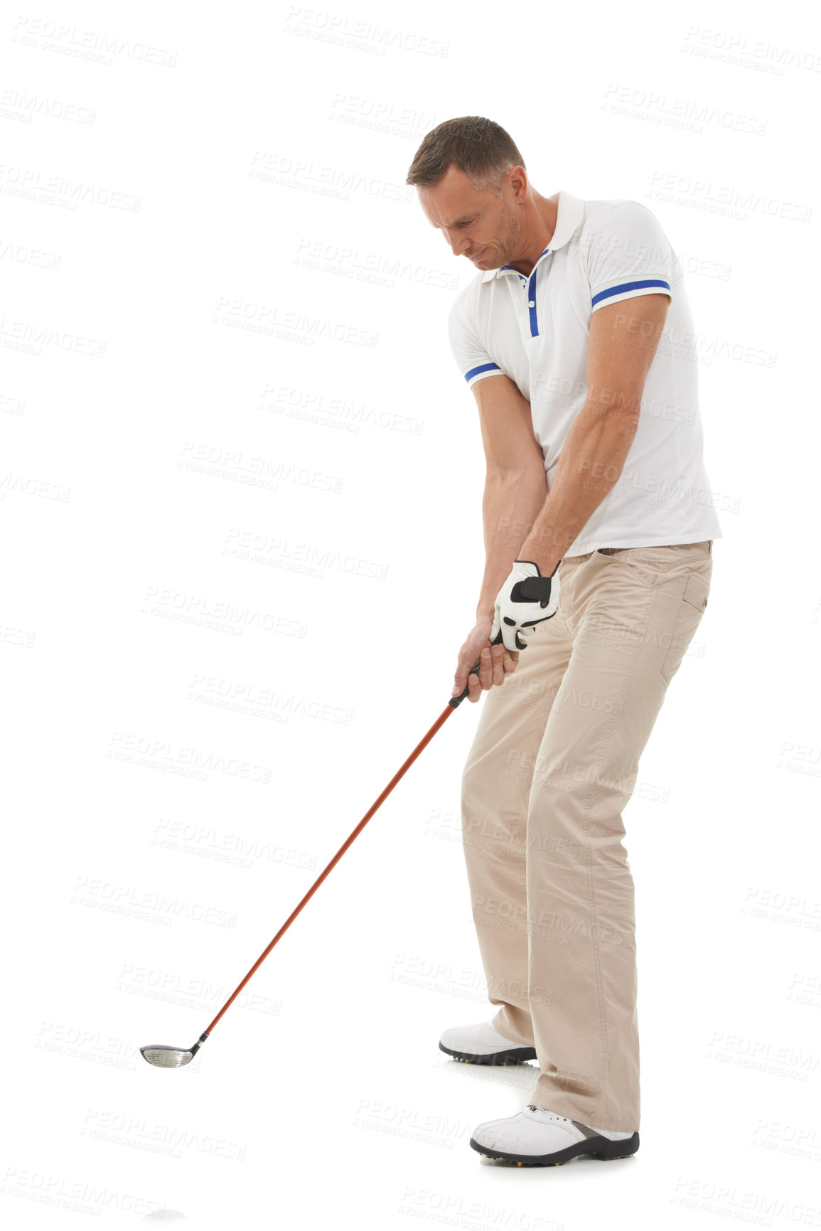 Buy stock photo Golf man, sports and swing of driver in studio isolated on a white background ready to start game. Training, golfer and mature male swinging club for golfing workout, exercise and fitness practice.