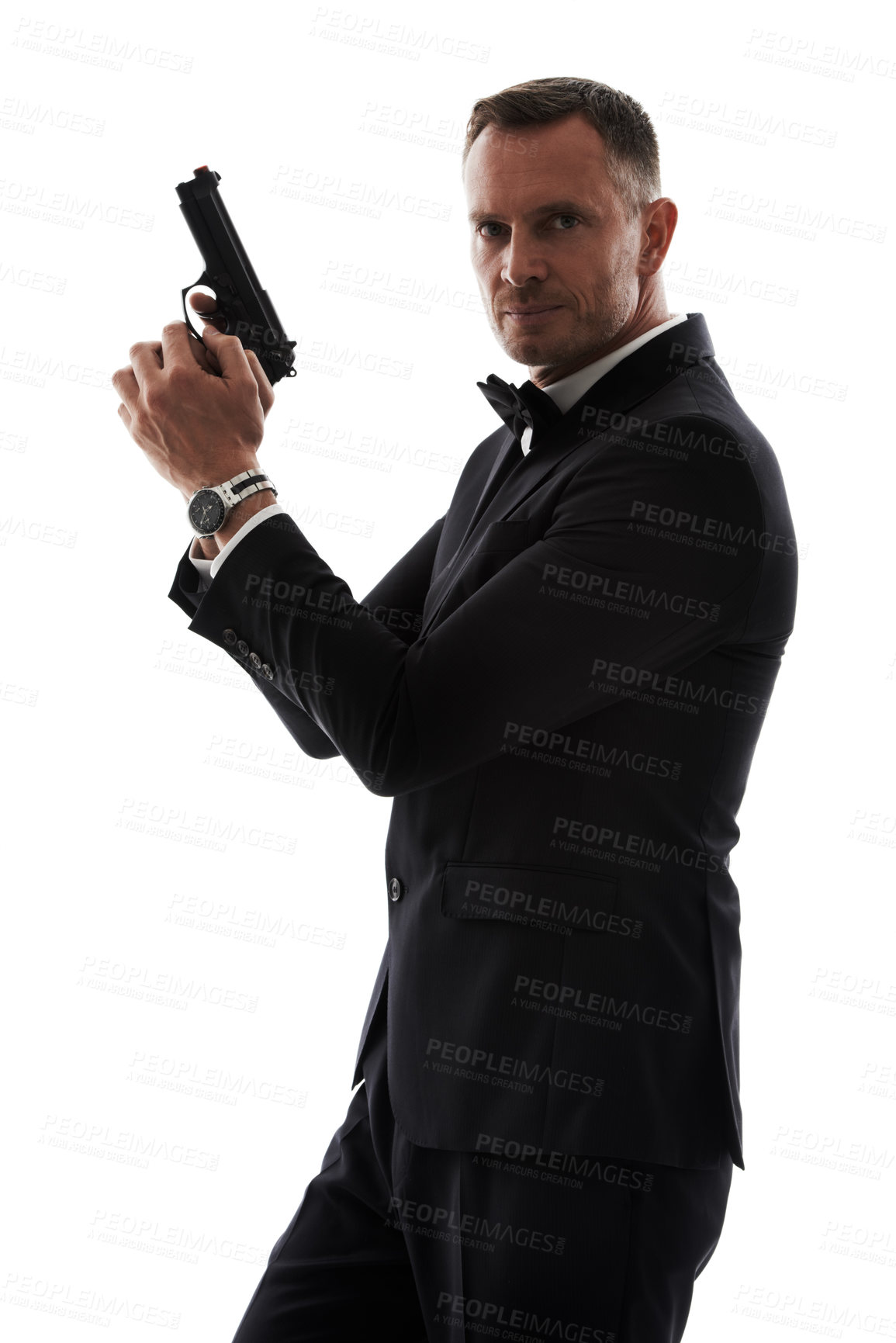 Buy stock photo Secret agent man with gun isolated on a white background for law, action movie or security of a criminal businessman. Private detective, professional person crime or actor firearm in studio portrait