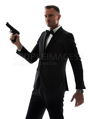 Buy stock photo Professional man with gun isolated on a white background for secret service agent, security or criminal businessman. Investigation detective person, boss or crime actor in suit with firearm in studio