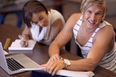 Buy stock photo University, laptop and portrait of man with books for studying, learning and research in library. Education, college and student with textbook and computer for internet, project and website on campus