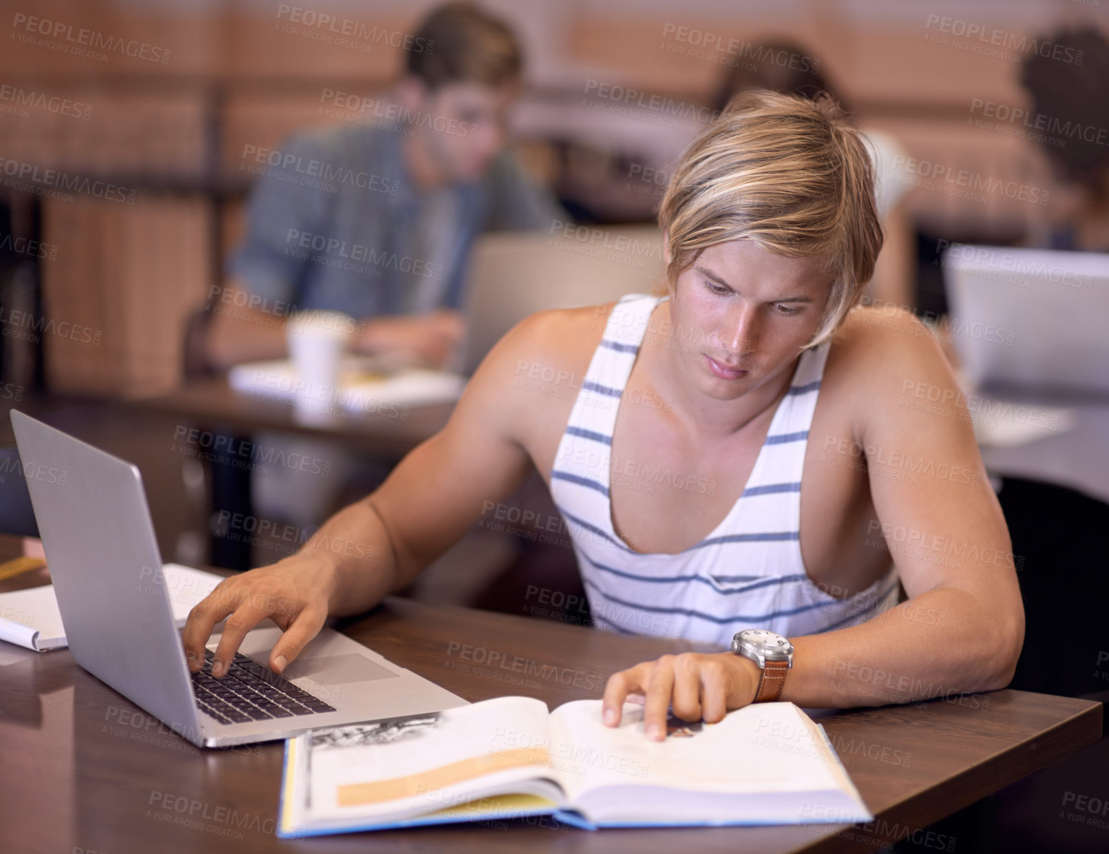 Buy stock photo University, laptop and man with books in library for studying, learning and research for knowledge. Education, college and student on computer and textbook for assignment, project and test in campus