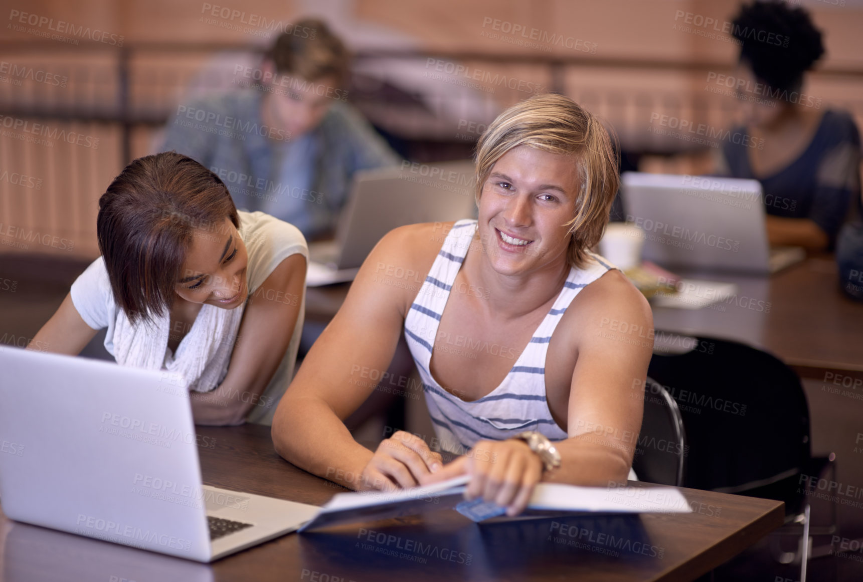 Buy stock photo University, laptop and portrait of students with books for studying, learning and research for knowledge. Education, college and man with textbooks and computer for internet, project and website