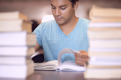 Buy stock photo Education, university and man reading books for academy course, knowledge or studying for scholarship exam. College, textbook or Indian student learning literature, story and school research project