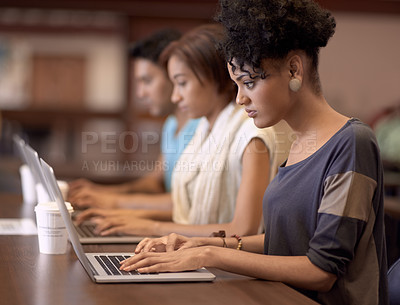 Buy stock photo Laptop, university group and woman reading online research, education and search school database for project. College campus, paperless and students learning knowledge, information or computer study