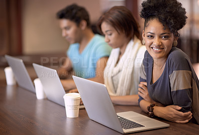 Buy stock photo Laptop, happiness and portrait of college woman for online research, education and school scholarship. University, coworking space and students learning knowledge, information and studying together