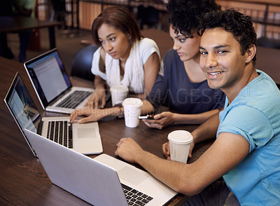 Buy stock photo Education, laptop and portrait of students in university for research, studying and online learning in library. Internet, college and man and women on computer for assignment, project and website