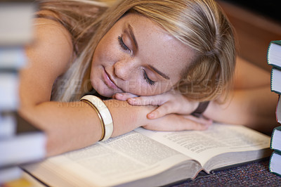 Buy stock photo Student woman, sleeping and books at desk education, development and exhausted with fatigue in college library. Person, learning and rest with burnout, tired or mental health for exam at university