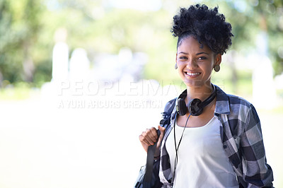 Buy stock photo Woman, portrait and backpack on campus or headphones for entertainment, streaming or learning. Female person, face and student at college academy or outdoor nature for university, relax or summer