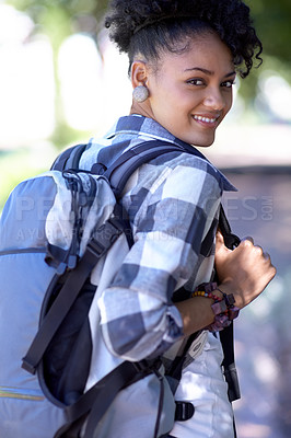 Buy stock photo Portrait, backpack and happy student at park, university or outdoor campus in summer. Face, bag and smile of woman at college for education, learning and young teenager or girl studying in Brazil