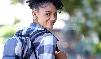 Buy stock photo Woman, portrait and smile or student backpack at university campus for learning, education or studying. Female person, face and happy at college academy in nature for scholarship, academic or growth