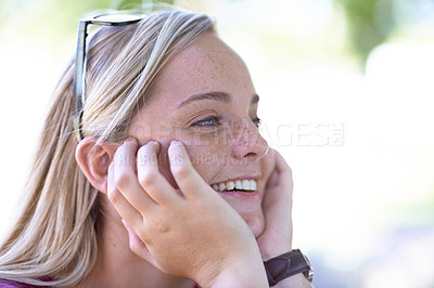 Buy stock photo Smile, thinking and a woman outdoor in nature to relax in park at summer on mockup space. Dream, profile and a happy person in garden, remember memory and girl planning future idea in peace or calm
