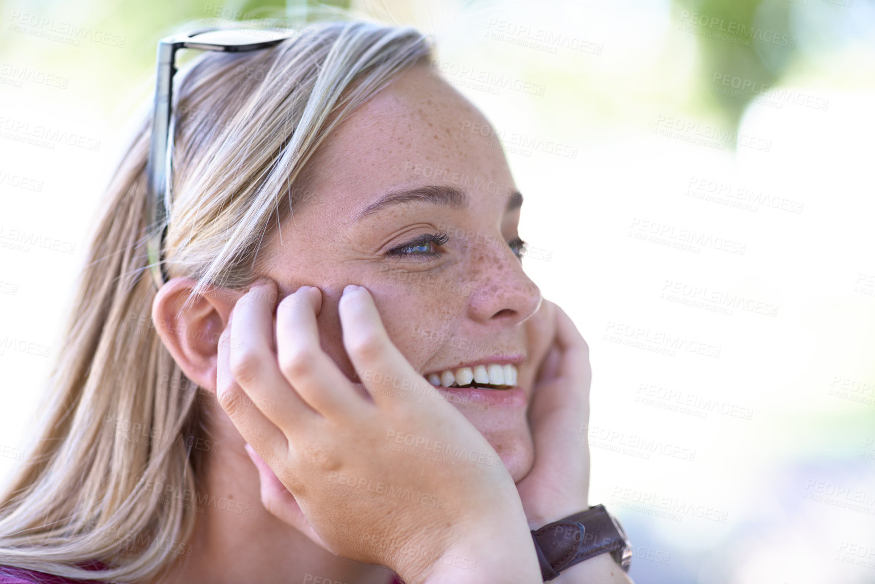 Buy stock photo Smile, thinking and a woman outdoor in nature to relax in park at summer on mockup space. Dream, profile and a happy person in garden, remember memory and girl planning future idea in peace or calm