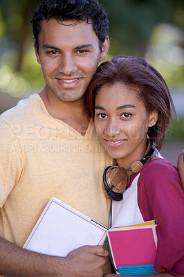 Buy stock photo Student, couple and portrait with books at university campus for reading education, learning or literature. Man, woman and face smile at college academy or academic degree for future, growth or study