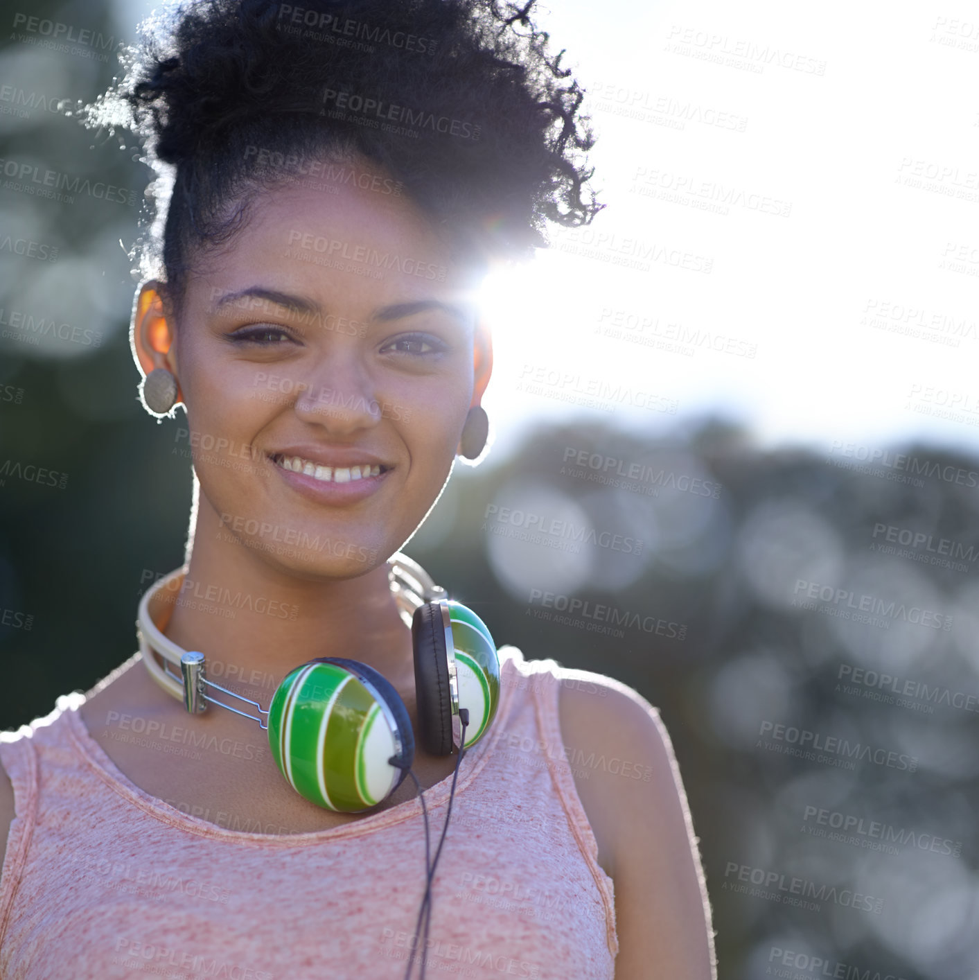 Buy stock photo Portrait, student or happy woman at park with headphones at university campus outdoor in nature. Face, college and smile of girl or young person in education for learning to study at school in Brazil