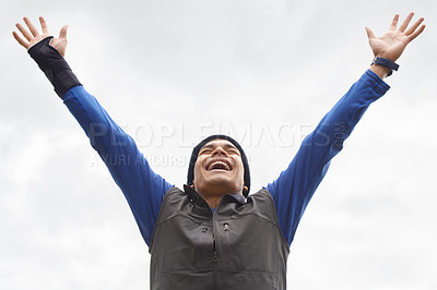 Buy stock photo Happy man, runner or hands up for success in training adventure, exercise or workout victory. Excited, sky or healthy hiker with smile, gratitude or freedom for fitness to explore nature outdoors