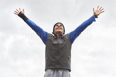 Buy stock photo Happy man, runner or hands up for celebration in training adventure, exercise or workout success. Excited, sky or healthy hiker with smile, gratitude or freedom for fitness to explore nature outdoors