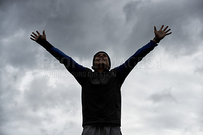 Buy stock photo Happy man, sky or hands up for fitness celebration in training, exercise or workout success. Excited, proud athlete or healthy hiker with silhouette, gratitude or freedom to explore nature outdoors