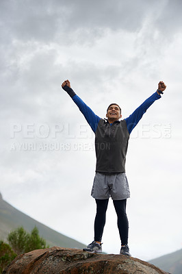 Buy stock photo Man, hiker and adventure on mountain peak and happy with progress, exercise and workout. Hiking, fitness and climber for training, forest and nature to explore, hobby and success in sport outdoors