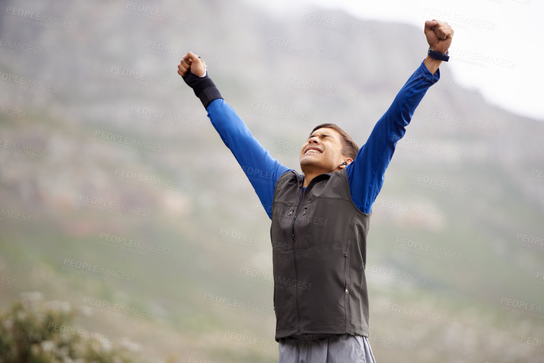 Buy stock photo Man, fitness and victory on mountain, happy and winner for achievement, exercise and workout. Success, fitness and climber for training, winner and nature to explore, hobby or health for celebration