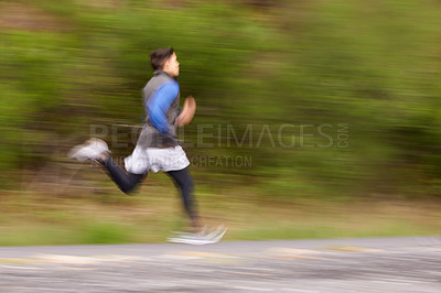 Buy stock photo Blur, runner and man running in nature training, cardio exercise and workout for sports or speed. Fast motion, fitness action or healthy athlete on jog in a forest, road or mountain trail outdoors