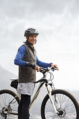 Buy stock photo Smile, portrait and a man with a bike in nature for cycling, fitness and training in nature. Happy, health and a male biker or person with a bicycle for transportation, sport or an outdoor triathlon