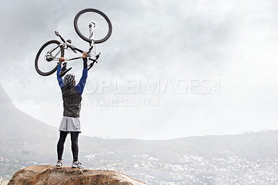 Buy stock photo Back, celebrate and man with bike on the mountains for training achievement or success. Nature, fitness and a male biker on a cliff or hill with a bicycle for an exercise, cycling or win with mockup