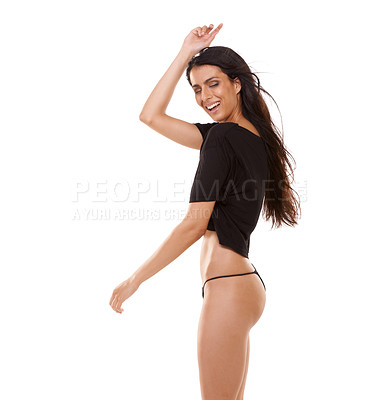Buy stock photo Young woman, dancing and lingerie in studio mockup with fashion and laughing with panties. Arab model, happiness or celebrate in underwear with confidence, glow body or expression by white background