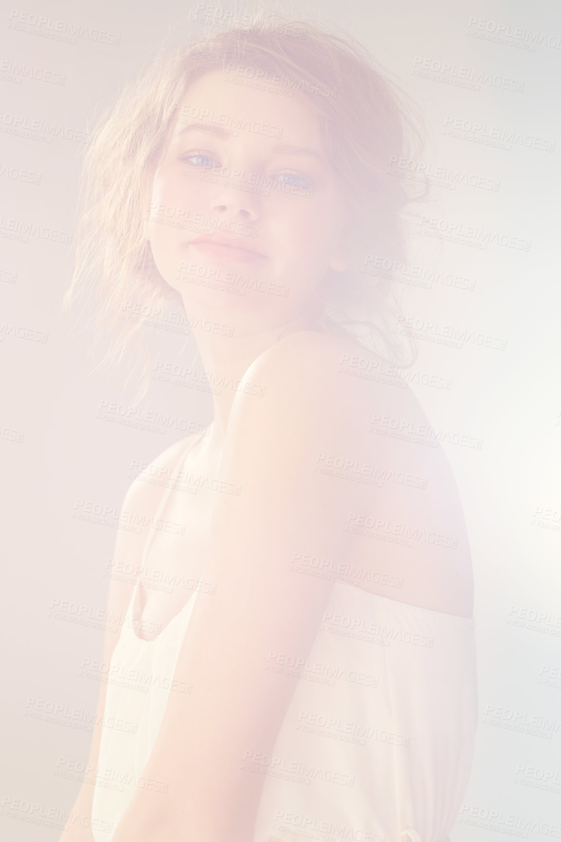 Buy stock photo Surreal portrait of a young woman through mist