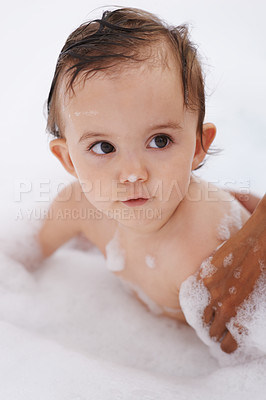 Buy stock photo Baby, hygiene and foam soap for washing in bathroom, bath and cleaning for skincare at home. Girl, toddler and childcare or water for prevention of bacteria and virus, cosmetics and liquid for care