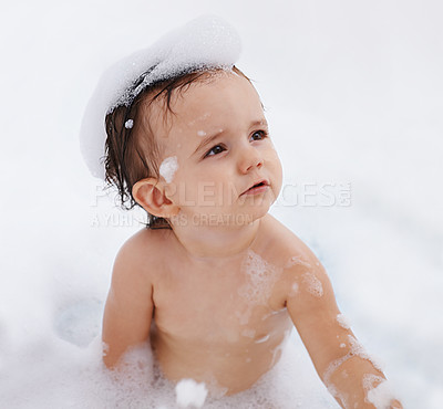 Buy stock photo Baby, hygiene and foam for washing in bathroom, bath and cleaning for skincare at home. Girl, toddler and childcare or water for prevention of bacteria and virus, cosmetics and shampoo or soap