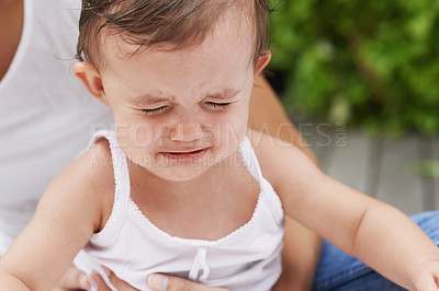 Buy stock photo Crying, sad and a baby with a parent for love, care and comfort while playing together. Family, fear and a child, girl or kid with fail, frustrated or anxiety with a mother, stress and problem
