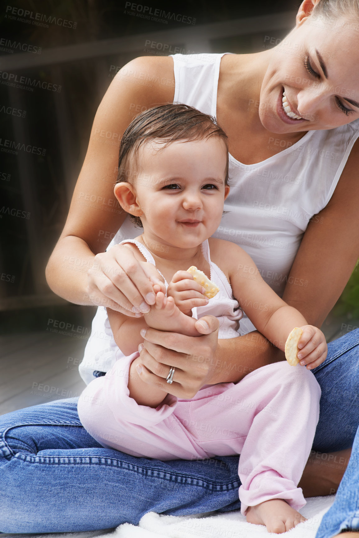 Buy stock photo Mother, baby and playing together in outdoors for fun, love and affection or bonding in childhood. Mom, toddler and happy girl or child and relaxing outside, learning and security in relationship