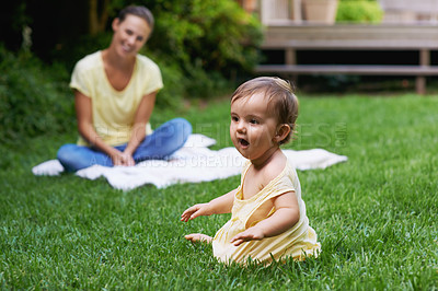 Buy stock photo Mother, baby and playing together in nature for fun, love and affection or bonding in childhood. Mom, toddler and happy girl or child and relaxing outside, learning and security in relationship