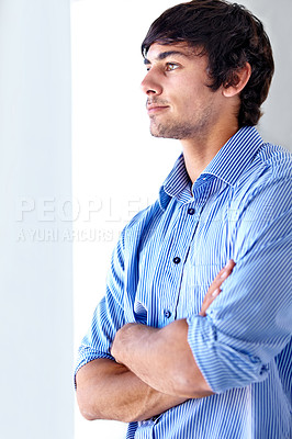 Buy stock photo Young man, office and looking out window with arms crossed in thinking, confidence or contemplating. Face of handsome male person or employee in wonder or thought for company vision at workplace