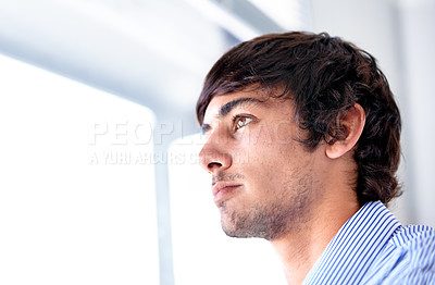 Buy stock photo Man, window and thinking of career in workplace and wellness with job growth as IT professional. Young person, thought and vision for entrepreneurship, geek and tech start up idea for silicon valley