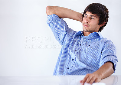 Buy stock photo Businessman, thinking and confidence in office business for employee growth, professional or career. Male person, arms crossed and corporate working for problem solving, thoughts or brainstorming