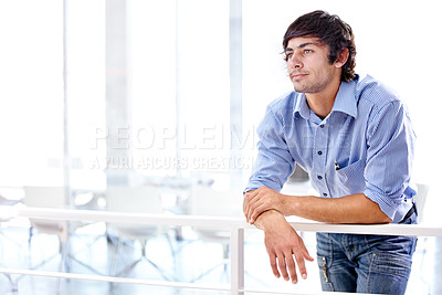 Buy stock photo Man, railing and thinking of career in workplace and wellness with job growth as it professional. Young person, thought and vision for entrepreneurship, geek and tech start up idea for silicon valley