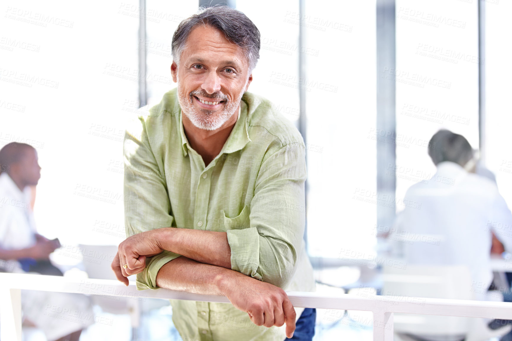 Buy stock photo Happy senior man, portrait and casual fashion at office in relax for career ambition or confidence. Face of handsome mature male person or employee smile for creative startup or mindset at workplace
