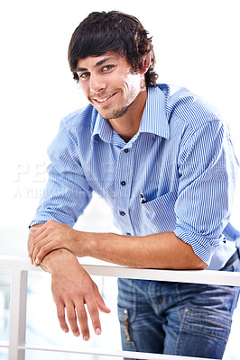 Buy stock photo Portrait, happy and man with confidence in career and railing in workplace for developer. Person, smile and face of entrepreneur with positive in start up company and it professional with job growth