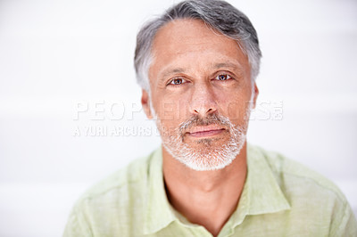 Buy stock photo Portrait, senior man and serious in mockup with employee, career pride and positive in studio. Mature person, face and entrepreneur in relax in start up company and professional by white background