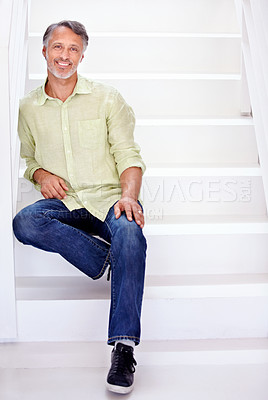 Buy stock photo Portrait, mature man and happy on stairs in confidence for career and business in workplace. Person, smile face and senior entrepreneur relax in start up company and enterprise by white staircase